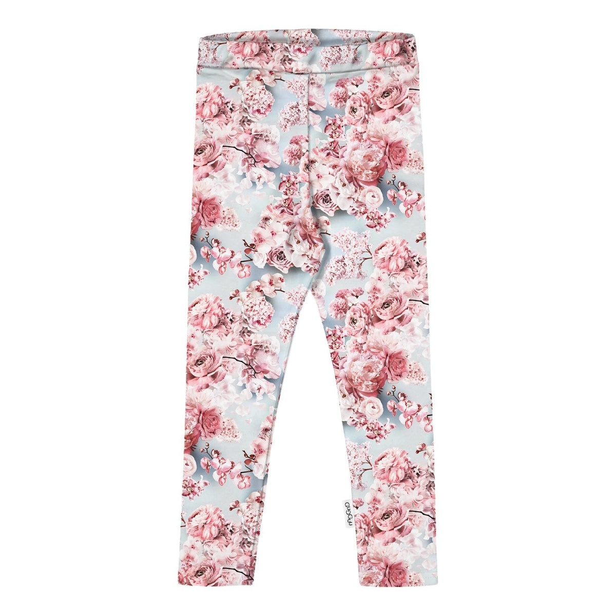 Lasten Blueflowerblend-printtileggingsit vaaleansinisellä pohjalla ja vaaleanpunaisilla kukilla.
