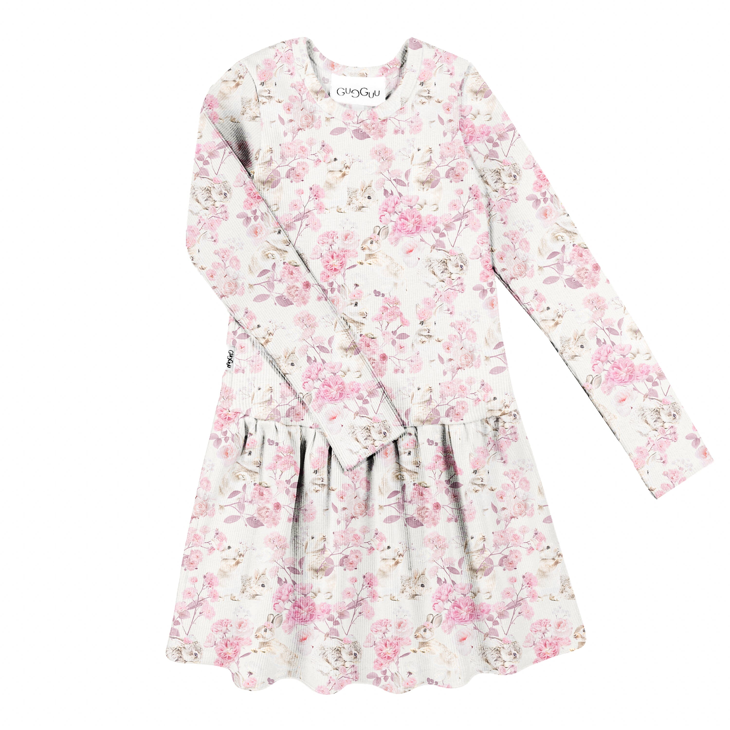 Gugguu lasten Classic Print Rib Long Sleeve Dress Mekot Gugguu Bunnyflower 80